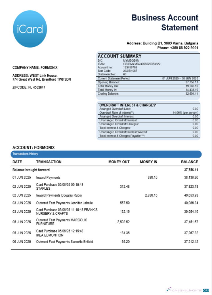 Download iCard business bank statement Word and PDF format Photoshop template